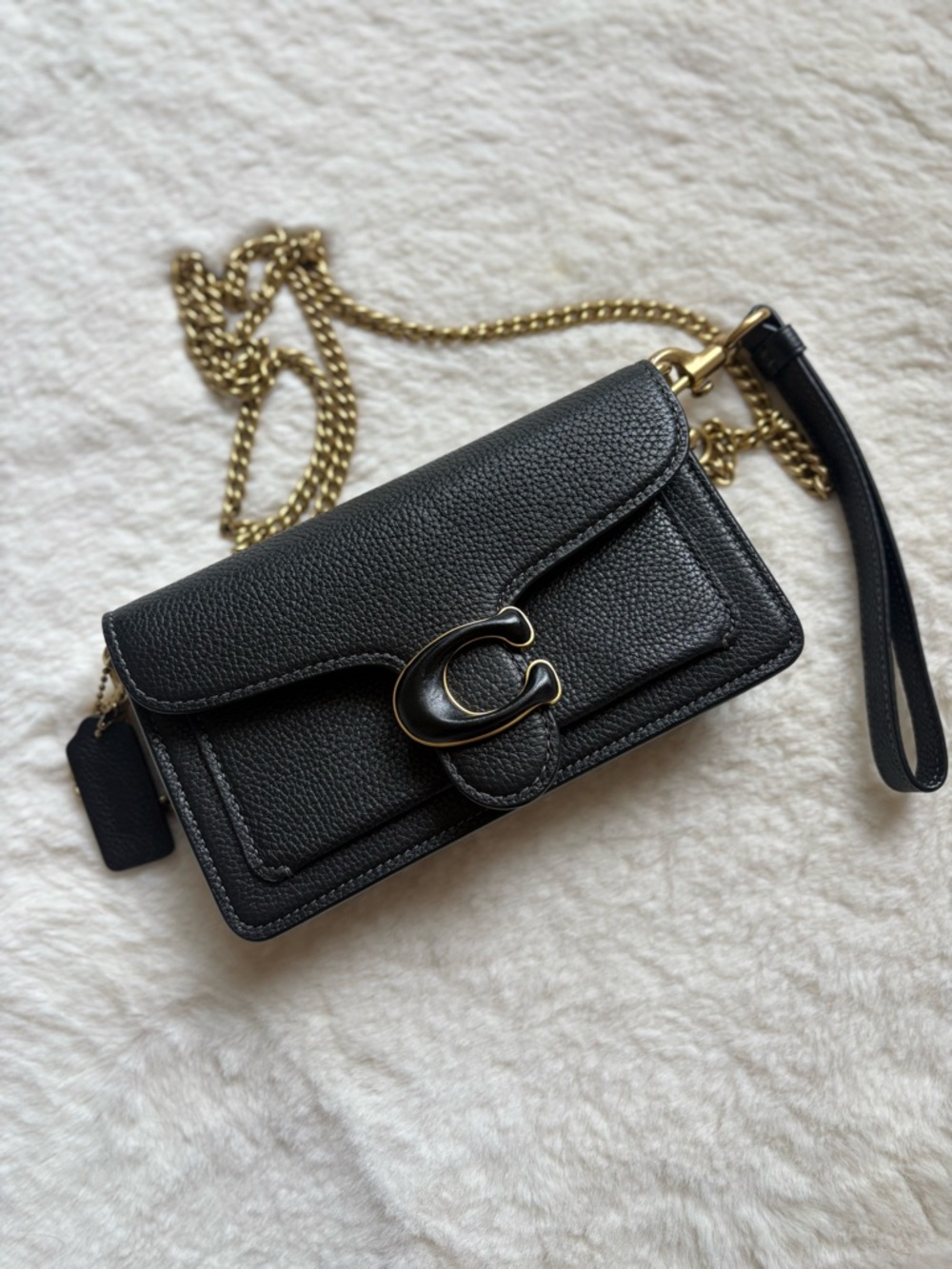 Coach Black Pebbled Leather Crossbody Wallet with Gold Chain